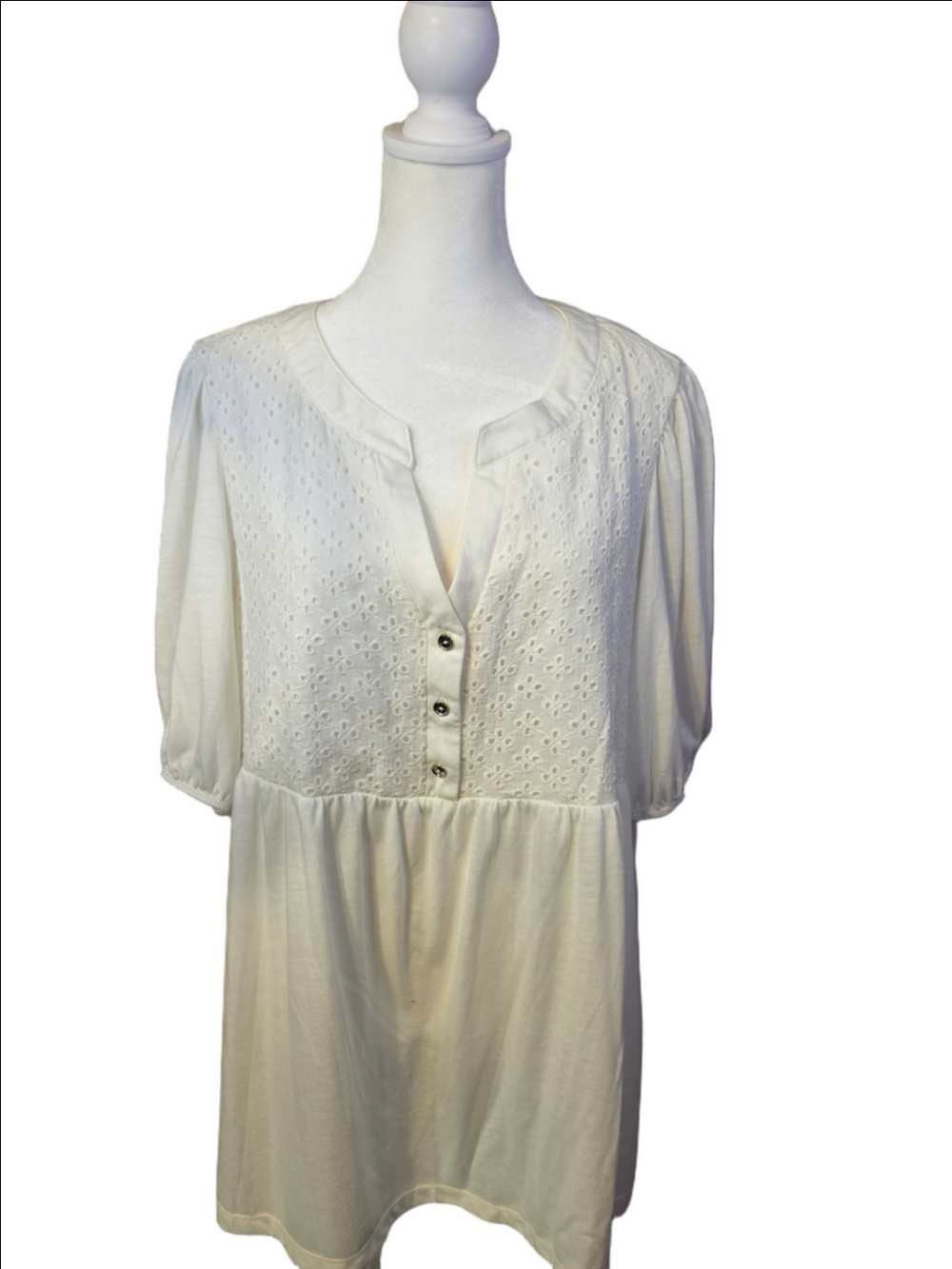 PerSeption Women White Floral Eyelet Embroidered Henley Tunic Top Size 1X